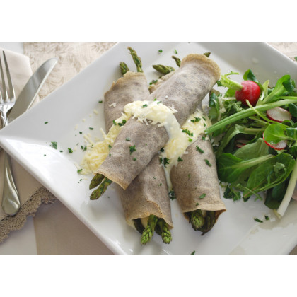 Buckwheat Crepes with Asparagus and Mornay Sauce