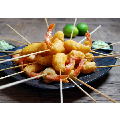 Cider Battered Shrimp 'Corn Dogs' with Lime Avocado Mayo
