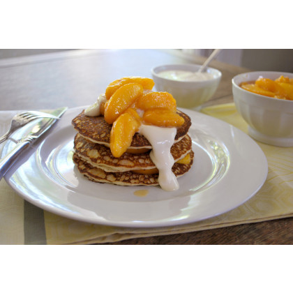 Pancakes with Peach Syrup and Sweet Yogurt Sauce